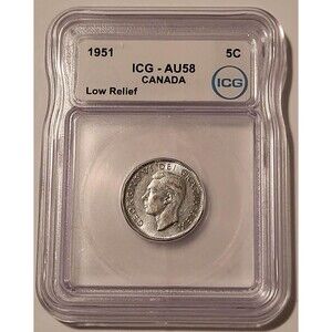 Canada George VI 1951 5 Cents Low Relief AU58 ICG